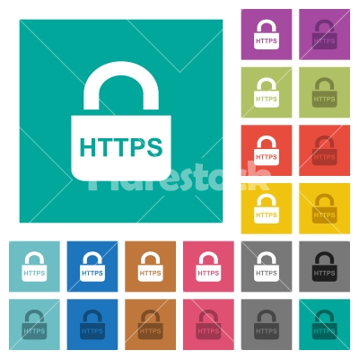 Secure https protocol square flat multi colored icons - Secure https protocol multi colored flat icons on plain square backgrounds. Included white and darker icon variations for hover or active effects.