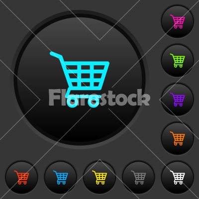 Shopping cart dark push buttons with color icons - Shopping cart dark push buttons with vivid color icons on dark grey background