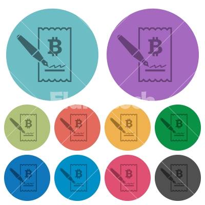 Signing Bitcoin cheque color darker flat icons - Signing Bitcoin cheque darker flat icons on color round background