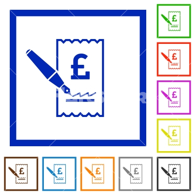 Signing Pound cheque flat framed icons - Signing Pound cheque flat color icons in square frames on white background