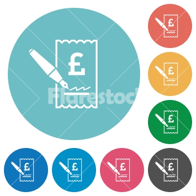 Signing Pound cheque flat round icons - Signing Pound cheque flat white icons on round color backgrounds