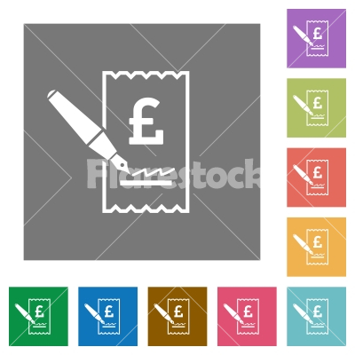 Signing Pound cheque square flat icons - Signing Pound cheque flat icons on simple color square backgrounds