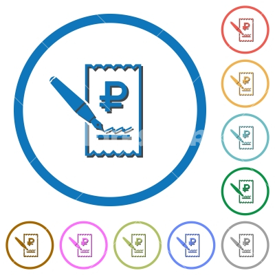 Signing Ruble cheque icons with shadows and outlines - Signing Ruble cheque flat color vector icons with shadows in round outlines on white background