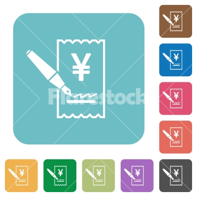 Signing Yen cheque rounded square flat icons - Signing Yen cheque white flat icons on color rounded square backgrounds