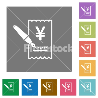 Signing Yen cheque square flat icons - Signing Yen cheque flat icons on simple color square backgrounds