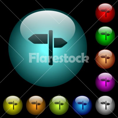 Signpost icons in color illuminated glass buttons - Signpost icons in color illuminated spherical glass buttons on black background. Can be used to black or dark templates