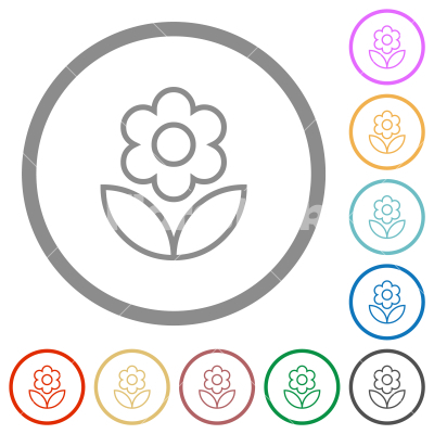 Single flower outline flat icons with outlines - Single flower outline flat color icons in round outlines on white background