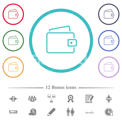 Single wallet outline flat color icons in circle shape outlines - Single wallet outline flat color icons in circle shape outlines. 12 bonus icons included.