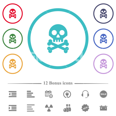 Skull with bones flat color icons in circle shape outlines - Skull with bones flat color icons in circle shape outlines. 12 bonus icons included.