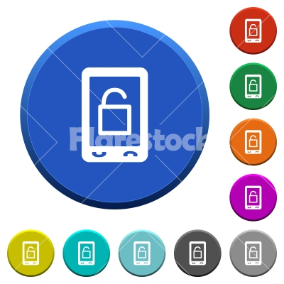 Smartphone unlock beveled buttons - Smartphone unlock round color beveled buttons with smooth surfaces and flat white icons