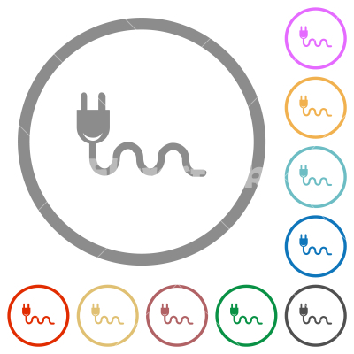 Socket plug and cable solid flat icons with outlines - Socket plug and cable solid flat color icons in round outlines on white background