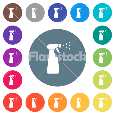 Spray bottle flat white icons on round color backgrounds - Spray bottle flat white icons on round color backgrounds. 17 background color variations are included.