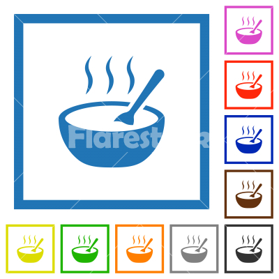 Steaming bowl of soup with spoon flat framed icons - Steaming bowl of soup with spoon flat color icons in square frames on white background