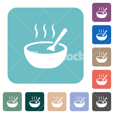 Steaming bowl of soup with spoon rounded square flat icons - Steaming bowl of soup with spoon white flat icons on color rounded square backgrounds