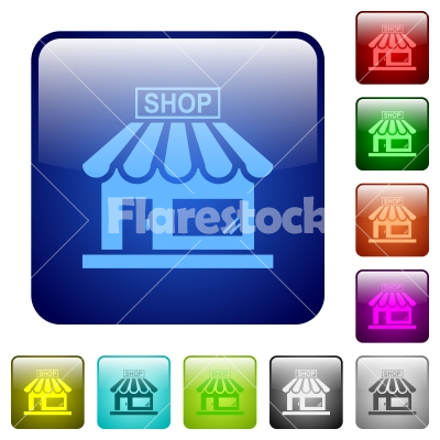 Store front color square buttons - Store front icons in rounded square color glossy button set