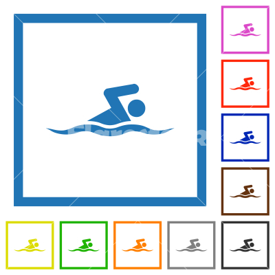 Swimming man flat framed icons - Swimming man flat color icons in square frames on white background