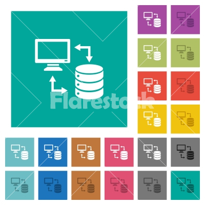 Syncronize data with database square flat multi colored icons - Syncronize data with database multi colored flat icons on plain square backgrounds. Included white and darker icon variations for hover or active effects.