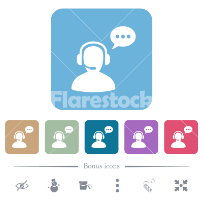 Talking operator active solid flat icons on color rounded square backgrounds - Talking operator active solid white flat icons on color rounded square backgrounds. 6 bonus icons included