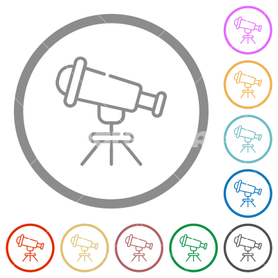 Telescope outline flat icons with outlines - Telescope outline flat color icons in round outlines on white background