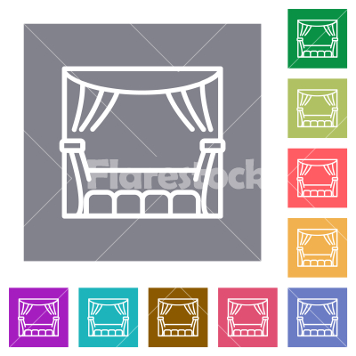 Theater stage curtain seats outline square flat icons - Theater stage curtain seats outline flat icons on simple color square backgrounds