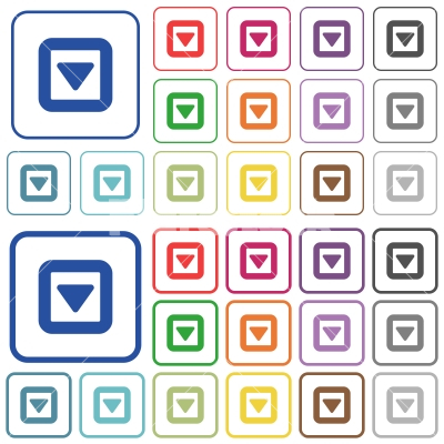 Toggle down outlined flat color icons - Toggle down color flat icons in rounded square frames. Thin and thick versions included.