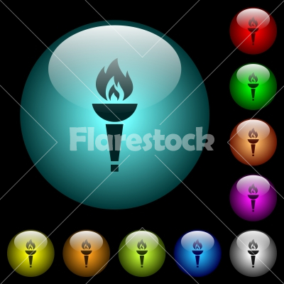 Torch icons in color illuminated glass buttons - Torch icons in color illuminated spherical glass buttons on black background. Can be used to black or dark templates