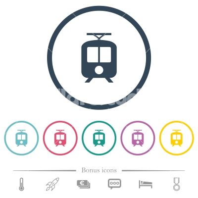 Tram flat color icons in round outlines - Tram flat color icons in round outlines. 6 bonus icons included.