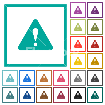 Triangle shaped warning sign flat color icons with quadrant frames - Triangle shaped warning sign flat color icons with quadrant frames on white background