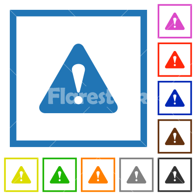 Triangle shaped warning sign flat framed icons - Triangle shaped warning sign flat color icons in square frames on white background