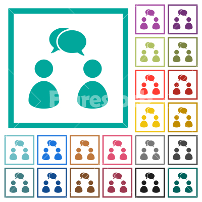 Two talking persons with oval bubbles solid flat color icons with quadrant frames - Two talking persons with oval bubbles solid flat color icons with quadrant frames on white background