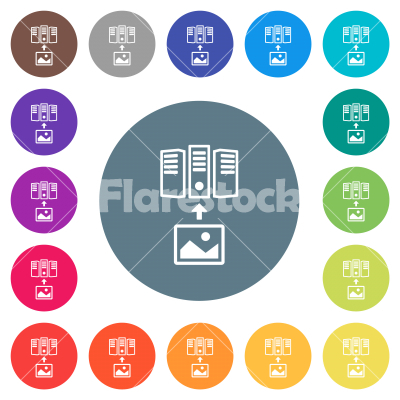 Upload image to server outline flat white icons on round color backgrounds - Upload image to server outline flat white icons on round color backgrounds. 17 background color variations are included.