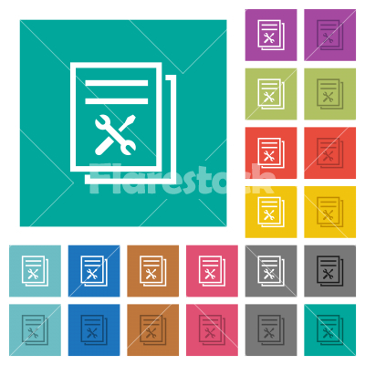 User guide with wrench and screwdriver square flat multi colored icons - User guide with wrench and screwdriver multi colored flat icons on plain square backgrounds. Included white and darker icon variations for hover or active effects.