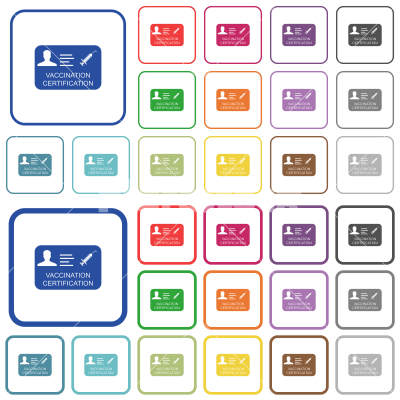 Vaccination certificate outlined flat color icons - Vaccination certificate color flat icons in rounded square frames. Thin and thick versions included.