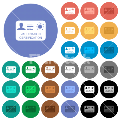 Vaccination certification round flat multi colored icons - Vaccination certification multi colored flat icons on round backgrounds. Included white, light and dark icon variations for hover and active status effects, and bonus shades.