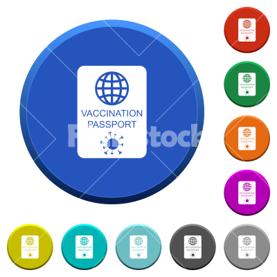 Vaccination passport beveled buttons - Vaccination passport round color beveled buttons with smooth surfaces and flat white icons