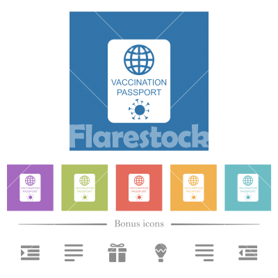 Vaccination passport flat white icons in square backgrounds - Vaccination passport flat white icons in square backgrounds. 6 bonus icons included.