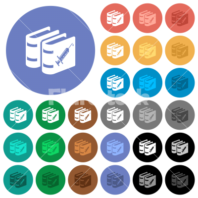 Vaccine documentation round flat multi colored icons - Vaccine documentation multi colored flat icons on round backgrounds. Included white, light and dark icon variations for hover and active status effects, and bonus shades.