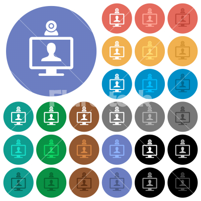 Video conference round flat multi colored icons - Video conference multi colored flat icons on round backgrounds. Included white, light and dark icon variations for hover and active status effects, and bonus shades.