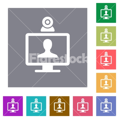 Video conference square flat icons - Video conference flat icons on simple color square backgrounds