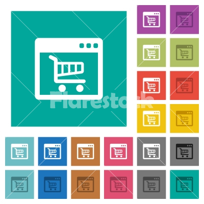 Webshop application square flat multi colored icons - Webshop application multi colored flat icons on plain square backgrounds. Included white and darker icon variations for hover or active effects.