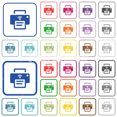 Wireless printer outlined flat color icons - Wireless printer color flat icons in rounded square frames. Thin and thick versions included.