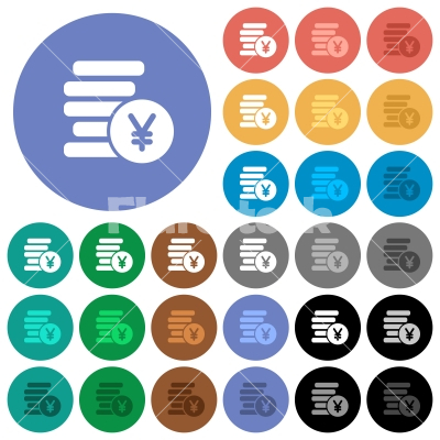 Yen coins round flat multi colored icons - Yen coins multi colored flat icons on round backgrounds. Included white, light and dark icon variations for hover and active status effects, and bonus shades on black backgounds.